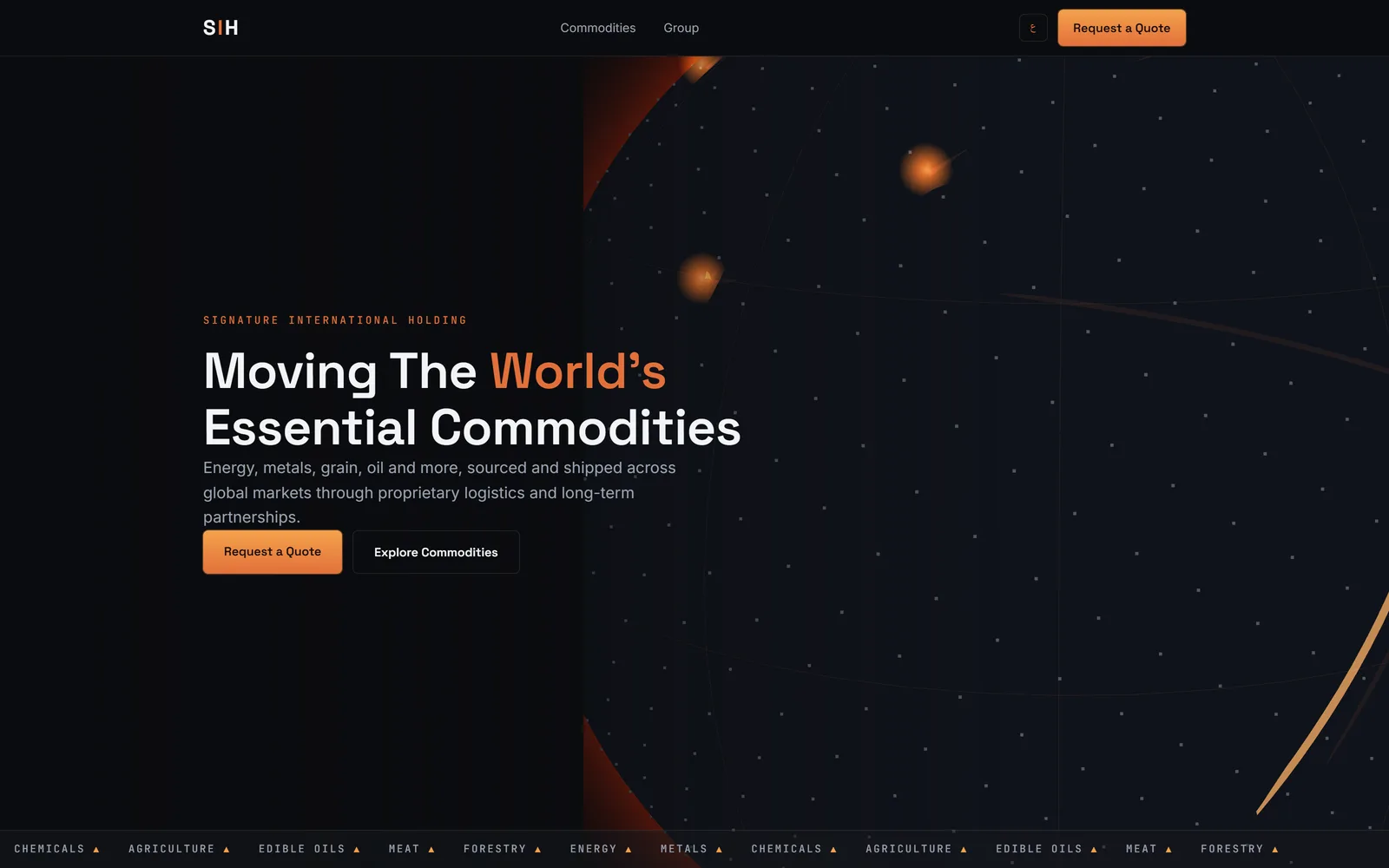 Signature International Holding hero: moving the world's essential commodities, with an interactive globe